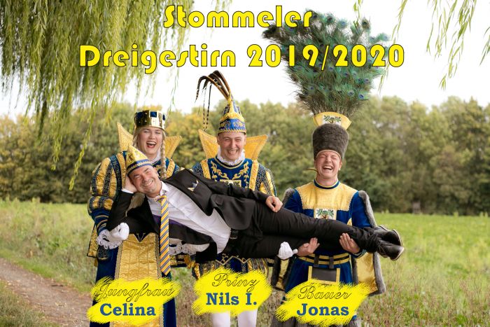 von links: Jungfrau Renate, Prinz Jan Löhr I., Bauer Daniel Dreigestirn 2019 - Stommeler Buure